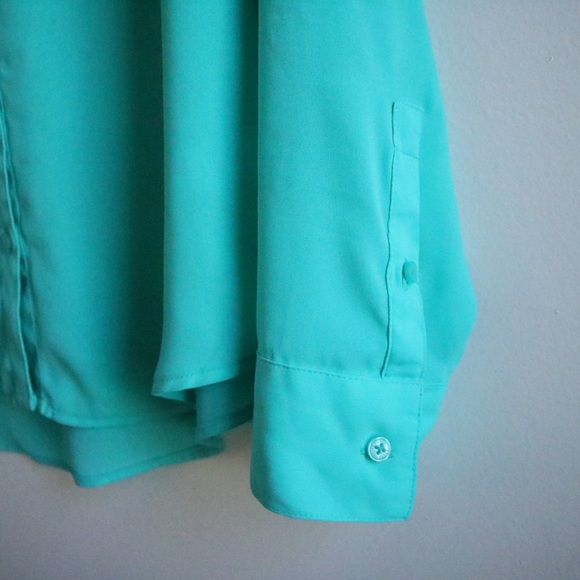 Express Teal Long Sleeve Button Up Blouse Top - Picture 4 of 8